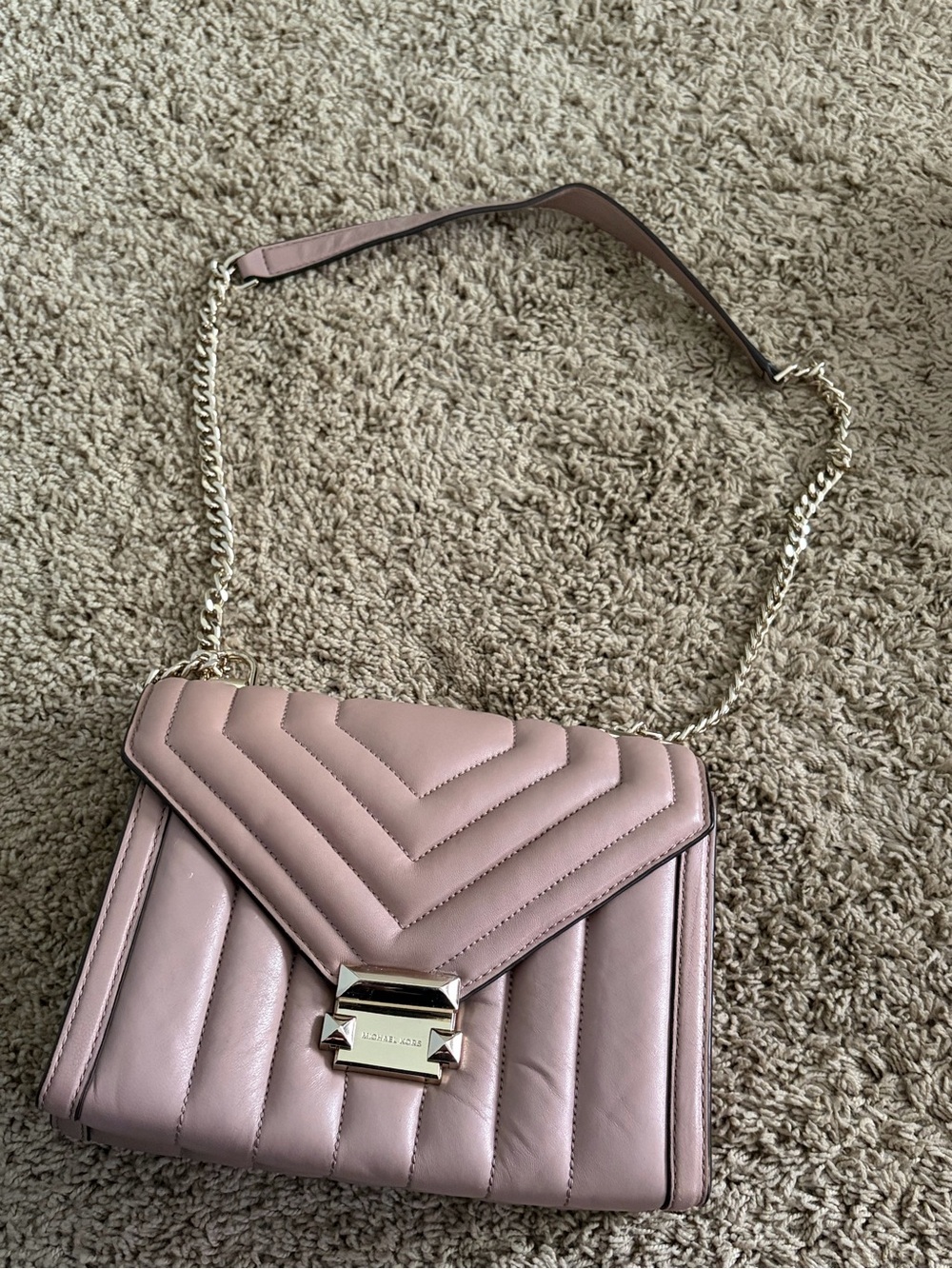 Michael Kors Quilted Shoulder Bag in Dusty Pink with Chain Strap.